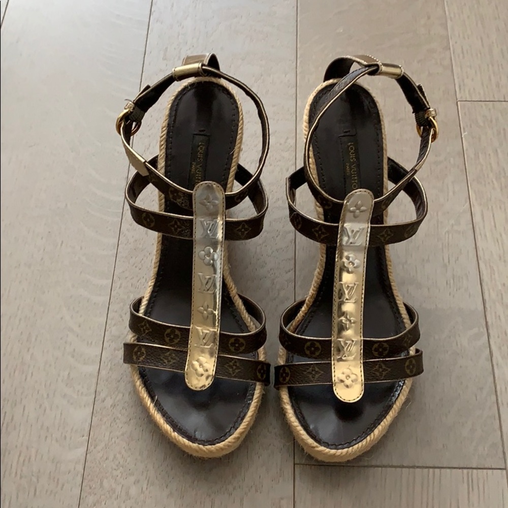 LV Monogram Espadrille Wedge Sandals size 37.5